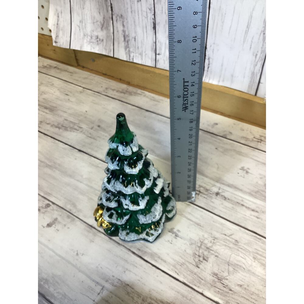 Vintage-Style Green Glass Light-Up Christmas Tree Figurine - Flocked Snow Decor - Picture 6 of 6